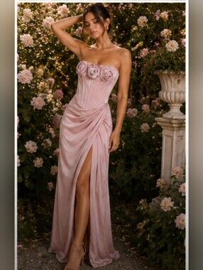 NWT Dress Decode Strapless Dusty Rose 3D Floral Applique Corset Evening Gown - S